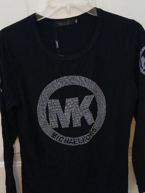 Michael Kors Black Long Sleeve Top with Silver Rhinestone MK Logo